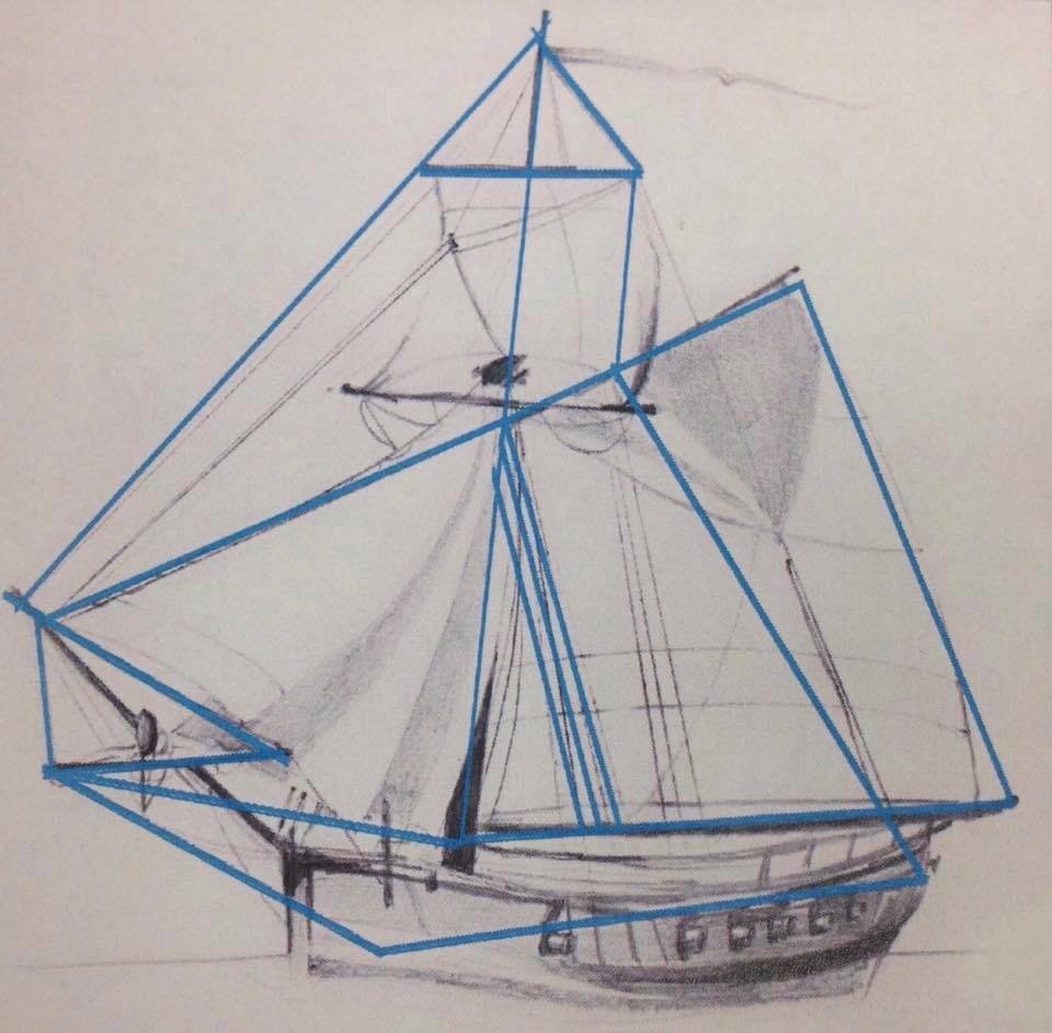 This picture shows how they extrapolated the rigging lines for the piece.