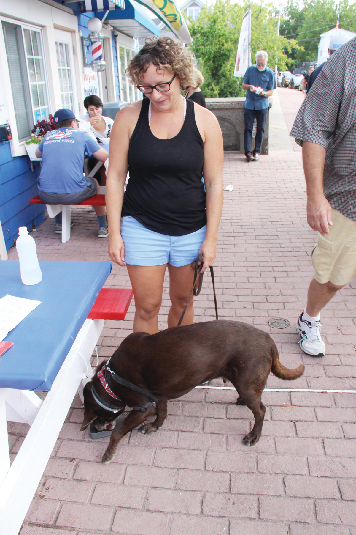 READY WITH WATER: Cynthia MacCausland makes sure there’s water for her chocolate lab, Maddie Oyster.