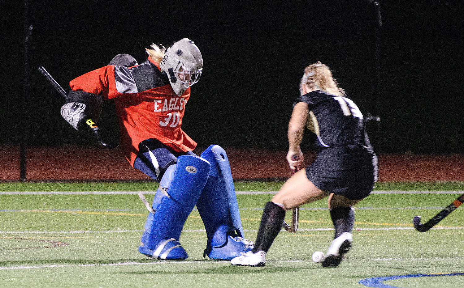 Junior goalkeeper Caileigh Durkin makes the initial save on Skippers midfielder in overtime, attempting to boot the ball away from her.
