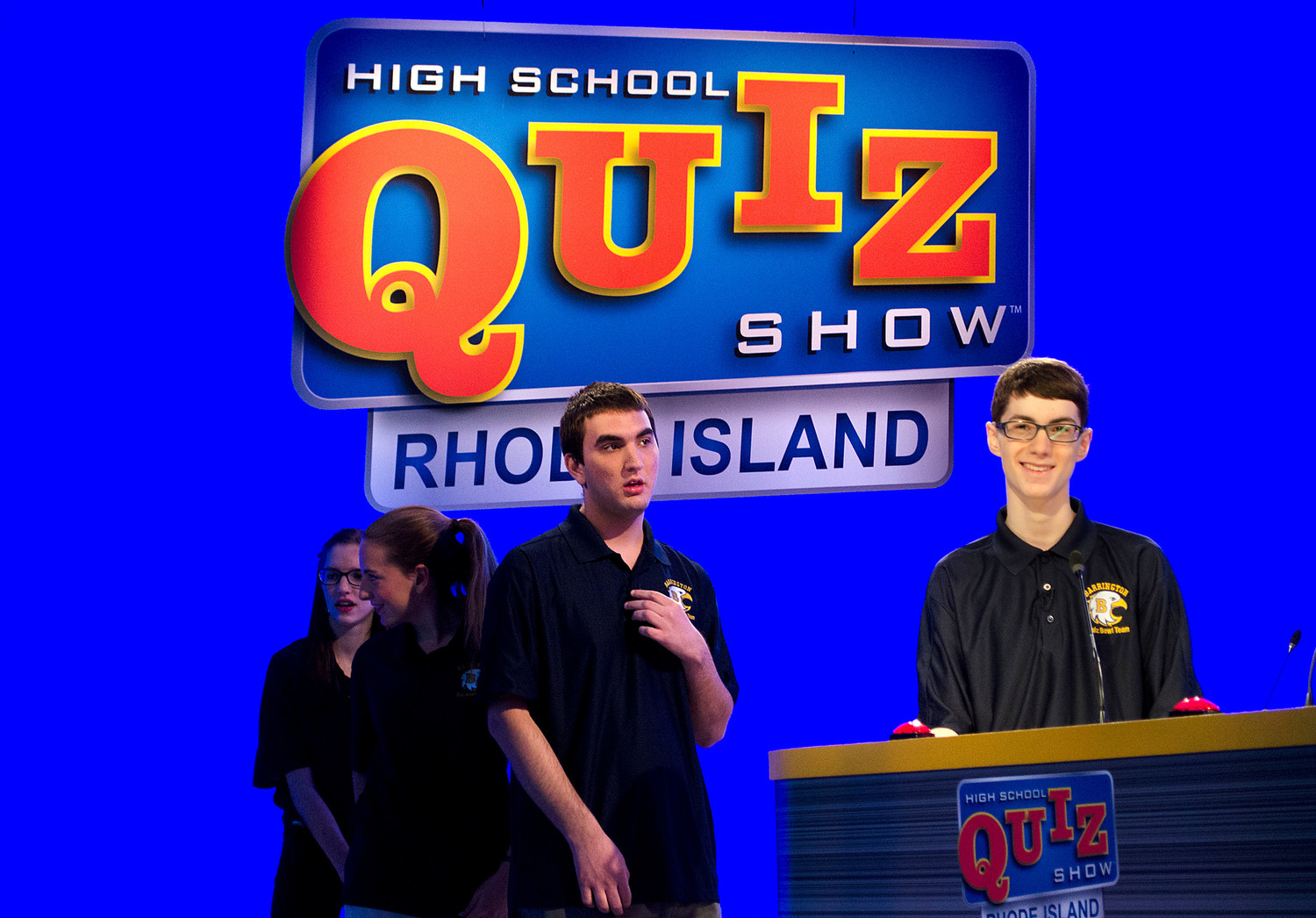 Barrington students Michael Lamontagne (left) and Daniel Sheinberg (right) line up for the lightning round.