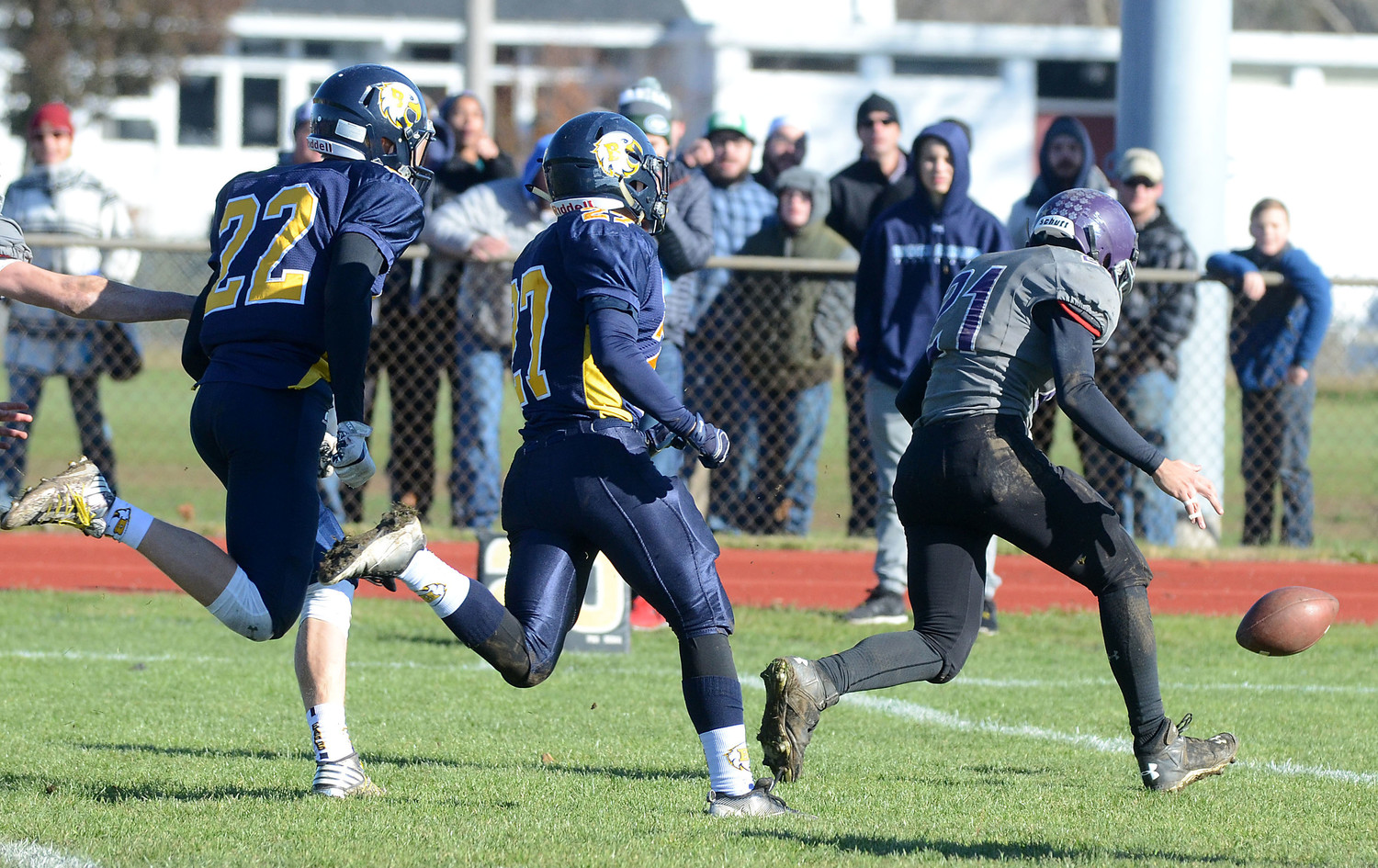 Dylan Martins chases the blocked ball and recovers it inside the Barrington 10 yard line.