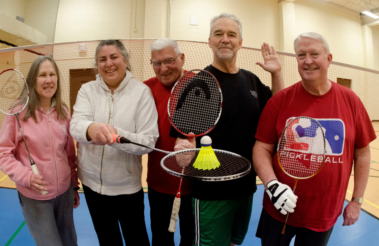 Badminton group from left, Kathy Donato, Michelle Mascena, Bob Costa, Geoff Marion, and Tom Hanson.