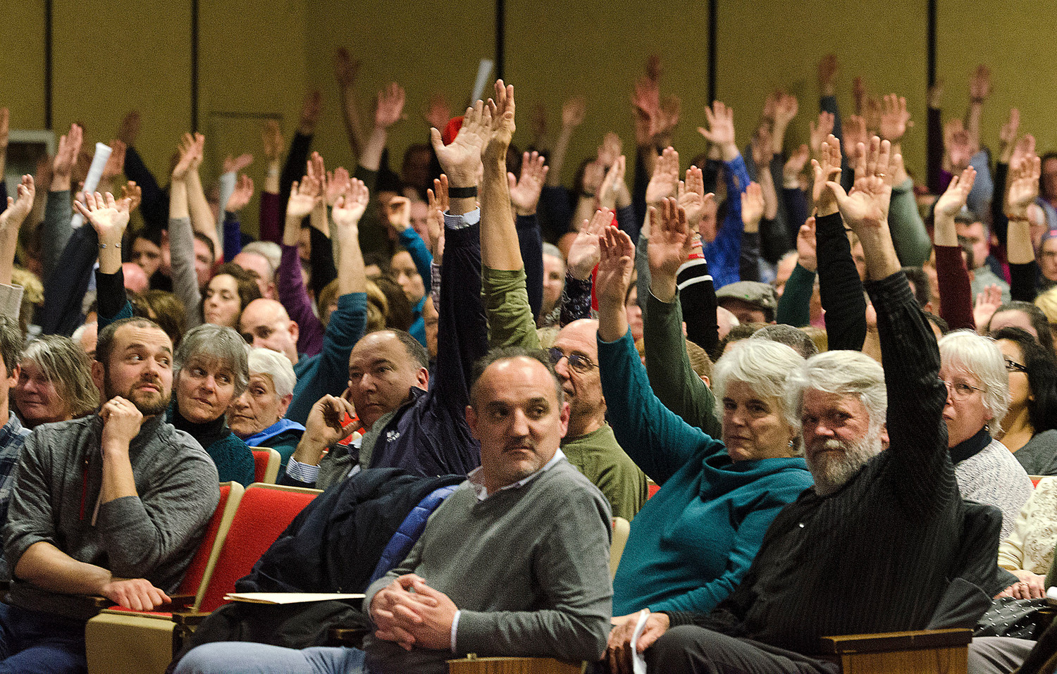 A large Westport crowd voted "by clear two thirds majority," declared Town Moderator Steven Fors, to approve construction of a new $97 million grade 5-12 school at Tuesday night’s special town meeting.