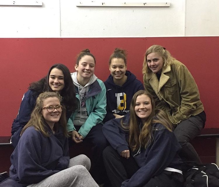 Pictured are members of the East Bay co-op girls hockey team — (from left to right) Emma Hladick of Portsmouth, Grace Flaherty of Barrington, Carrie Rego of Mt. Hope, Sydney Parkhurst of Barrington, Kelly Gerdin of Portsmouth, and Mary Arkins of Portsmouth.